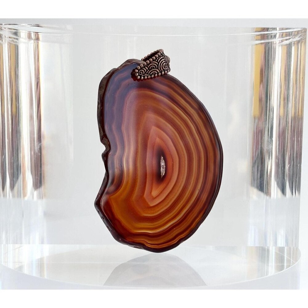 Brown Sliced Agate Stone Freeform Shaped Large Silver Toned Vintage Pendant